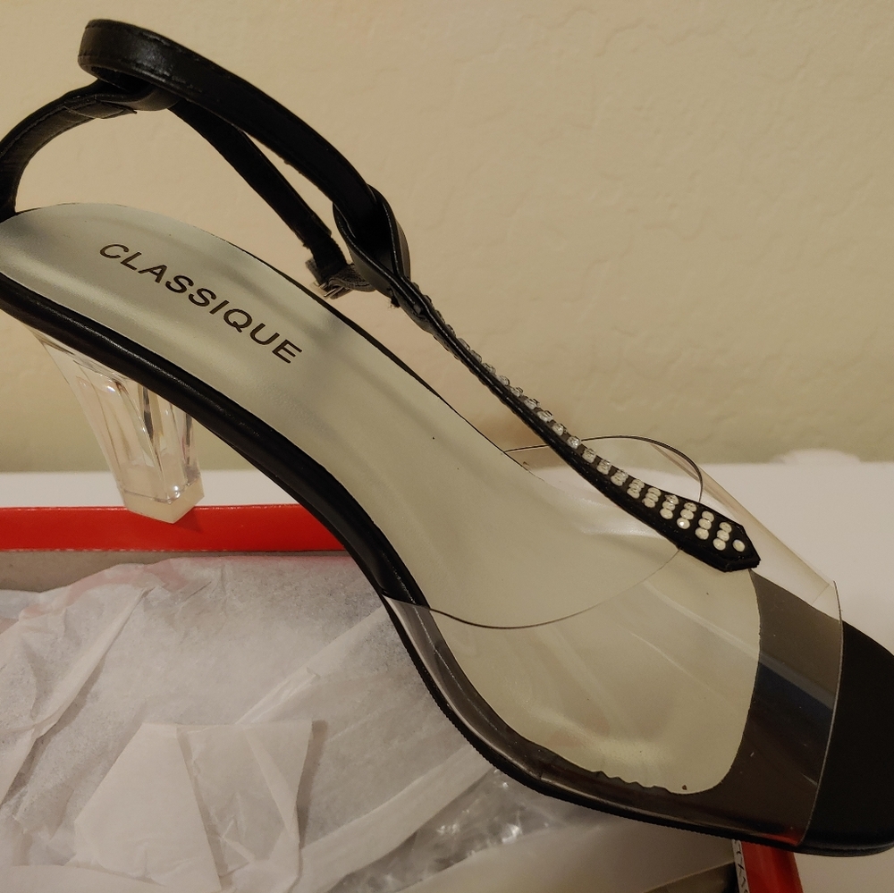 Clear plastic black toe w/ black ankle strap heel